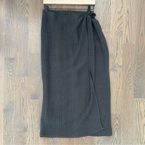 Zoran Vintage Herringbone Textured 100% Linen Faux Wrap Midi Skirt Grey Medium